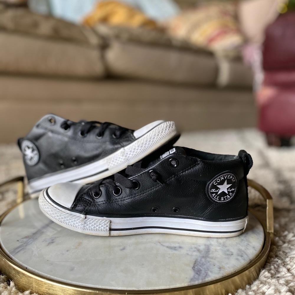 Converse black leather and white high tops 6.5-7